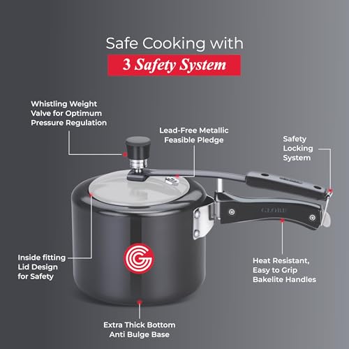 Image of Globe Brio 2 Litre Hard Anodised Inner Lid Induction Base Pressure Cooker (Black) BIS Certified And ISI Certified |6 Years Warranty