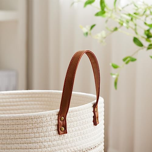 Image of VIPOSCO 100L Tall Woven Rope Laundry Hamper, Leather Handles, Brown & White | Large Wicker Laundry Basket for Dirty Clothes, Blanket, Toy, Towel, Yoga Mat, Storage Bin in Bedroom, Bathroom, Living Room