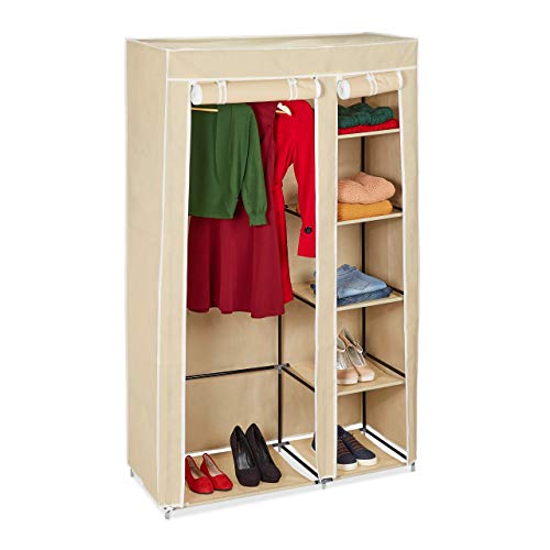 Relaxdays Armario de Tela Plegable, Ropero 5 Baldas, Organizador Ropa Acampada, 174 x 107 x 42,5 cm, Portátil, Beige