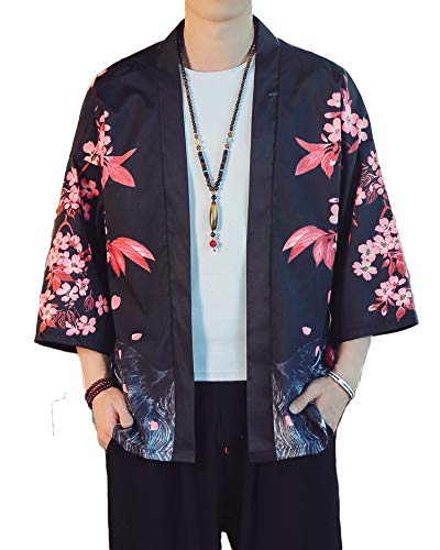 PRIJOUHE Men's Lightweight Kimono Jacket Seven Sleeve Open Front Cardigan Coat Japanese Style Bathrobe