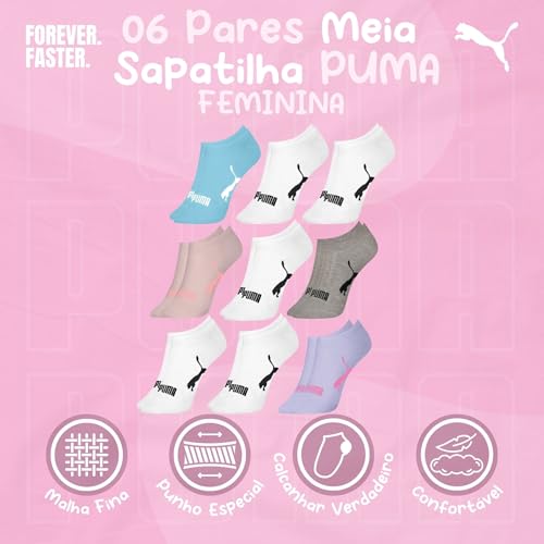 PUMA Kit 9 Pares Meia Cano Baixo Sapatilha Invisível Esportiva Feminina Adulto, 3 Branco - 2 Cinza -