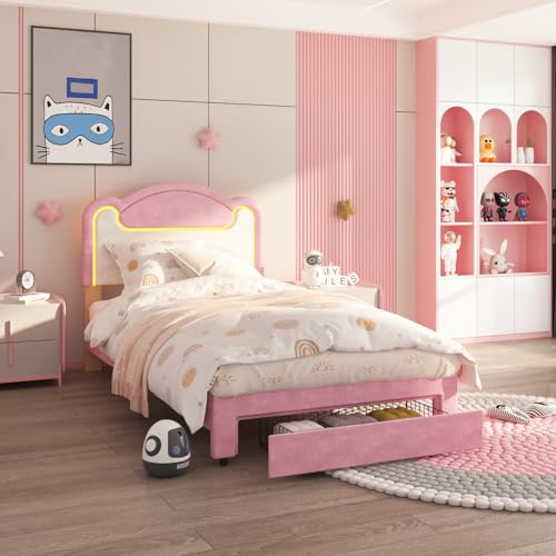 Garvee Twin Size Upholstered Bed Frame with LED Lights & Storage Drawers, Fabric Headboard & Wood Slats, No Box Spring Needed, Princess Bed for Girls