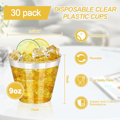 Image of 30 Pcs Silver Plastic Cups,9Oz Silver Rimmed Plastic Cups,Heavy Duty Clear Disposable Plasitc Cocktail Tumblers Wine Cup for Party,Wedding,Birthday,Christmas