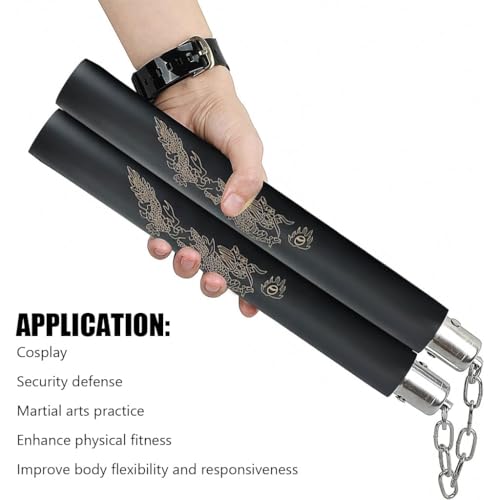 Image of Dragon Design Foam Training Nunchaku with Metal Chain | Martial Arts Practice Nunchucks | Lightweight Training Stick | Black