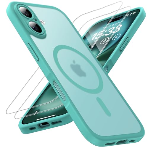 TOCOL 3 in 1 Magnetic for iPhone 16 Case 6.1-Inch, Fit for MagSafe, with 2 HD Screen Protector, [Full Camera Protection] 14FT Military Shockproof Translucent Matte Back Slim Phone Cover (Teal)