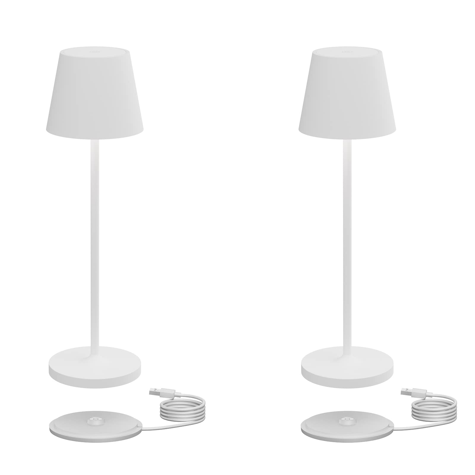 Klighten 2 Pezzi Lampada LED Dimmerabile da Tavolo, Ricaricabile Luce calda 3000K Lampada da Scrivania in Alluminio, H38cm, Bianco, IP54, con Base di Ricarica Contatt, per Interni/Esterni