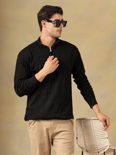Image of Kvetoo Men's Wool High Neck Zipper Sweater, Full Sleeve Cable Knit Quarter Zip Winter Pullover