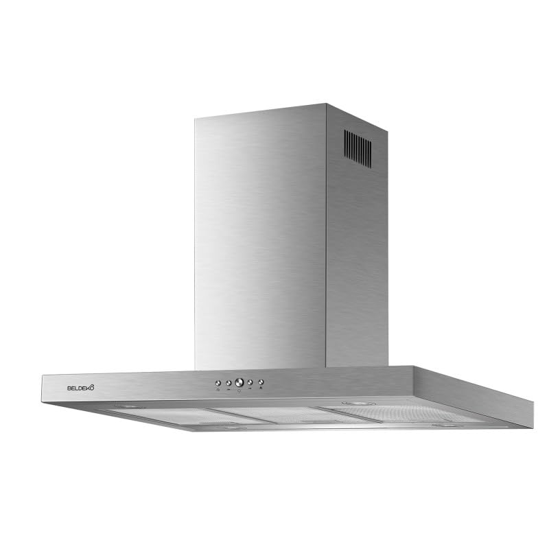 Hotte îlot aspirante BELDEKO NODOSA 90 – 90 cm en inox – Débit 553 m³/h – 3 vitesses + minuterie – Recyclage ou évacuation – Marque française