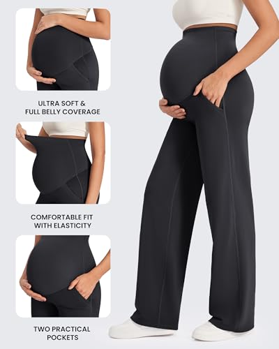 G4Free Umstandshose Damen Hohe Taille Yogahose mit Taschen Weites Bein Umstandsmode für Schwangere Lang Freizeithose Stretch Lose Gerade Hose(Schwarz,L,32\)