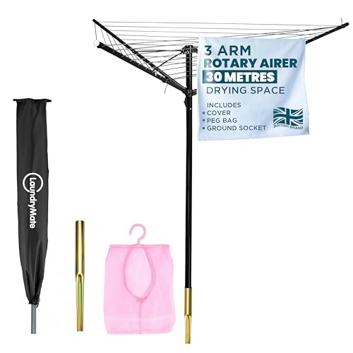Laundry Mate Rotary Clothing Airer 3 Arms 30m Folding Washing Line with Cover Ground Socket & Peg Bag - Outdoor Clothes Drying Rack - 360 Rotary Washing Line