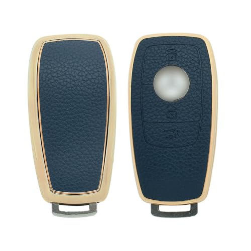 Image of keyzone Litchi Leather Textured TPU Key Cover & Keychain for E-Class, S-Class, A-Class, C-Class, G-Class 2020 Onwards Smart Key (Blue)
