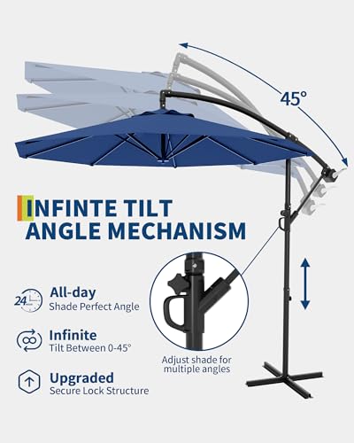 Cantilever Umbrella with Cross Base, 10FT Shade for 2-6 People, Outdoor Offset Design with Infinite Tilt and Crank Lift, Fade-Resistant Cross Base Canopy for Deck Pool Garden Backyard,Navy Blue