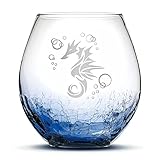 Integrity Bottles Tribal Seahorse Design Stemless Wine Glass, Handmade, Handblown, Hand Etched Gifts, Sand Carved, 18oz (Crackle Blue)