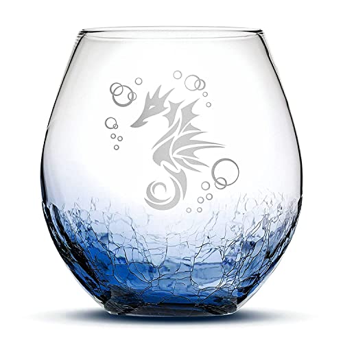 Integrity Bottles Tribal Seahorse Design Stemless Wine Glass, Handmade, Handblown, Hand Etched Gifts, Sand Carved, 18oz (Crackle Blue)