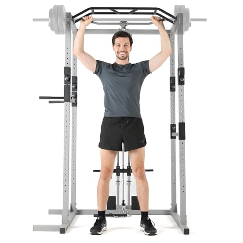 ISE Cage de Musculation Power Rack Cage Squat, Station de Musculation, Barre de Traction et Dips, Barre Multi-Prises et Maintien des Jambes Réglable, Cage Musculation Acier, Rack Musculation SY-1055