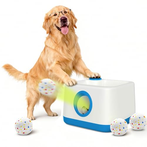 Automatic Dog Ball Launcher, Upgrade 2 in 1 Interactive 3 Adjustable Distances Dog Ball Thrower for Medium to Small Dogs, Rechargeable Brain Training Paw-Activated Balls Launcher with 2.3