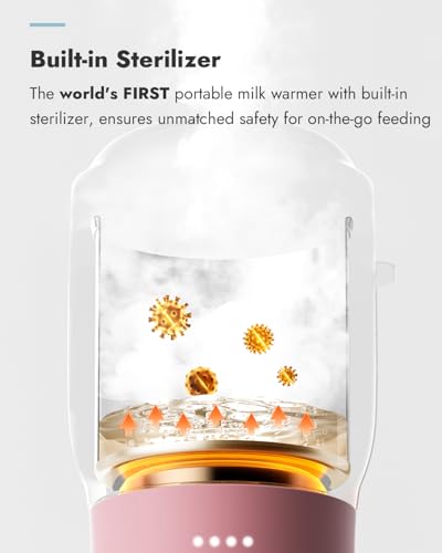 Papablic Portable Bottle Warmer Pro for Travel – Fast Heating, Built-in Sterilizer, 30W Fast Charge, 5-Temp Control, Easy-Clean Wide Mouth, Baby Milk Warmer for Breastmilk & Formula, Sakura Pink