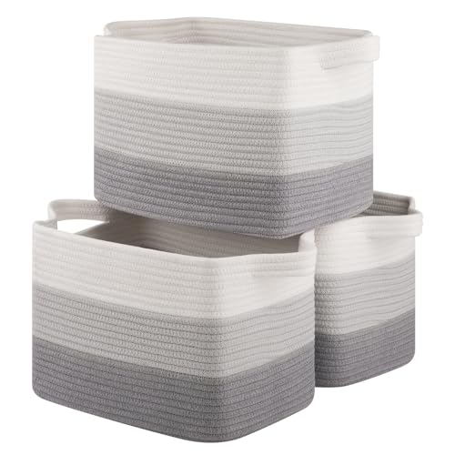 Storage Basket for Organizing, Woven Baskets for Storage, Rectangle Decorative Baskets for Shleves, Closet, Toys, Books, Nursery Organizer Bins - Pack of 3 (Gradient Gray)