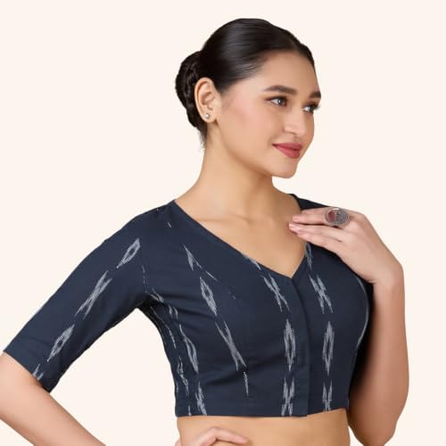 Image of Studio Shringaar Women Cotton Ikat Stretchable (Smocked) Readymade Elbow Length Sleeve Saree Blouse