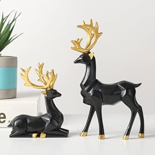 FIERMAYLE Nordic Christmas Reindeer Figure Ornaments, Geometric Resin Sitting Standing Elk Deer Statue for Home Office Decoration, Pack of 2 (A-Gold-2pcs)