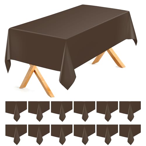 Kongdaoth Brown 12 Pack Plastic Tablecloths 54x 108 Disposable Rectangle Table Cloth Plastic Table Cover for Party Disposable Tablecloths