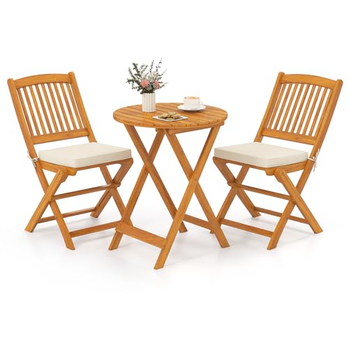 GOPLUS Salon de Jardin Exterieur 2 Personnes, Table Bistrot en Bois Acacia avec 2 Chaises 2 Coussins Amovibles, 3PCS Table Balcon 2 Places Pliante pour Terrasse, Cours...