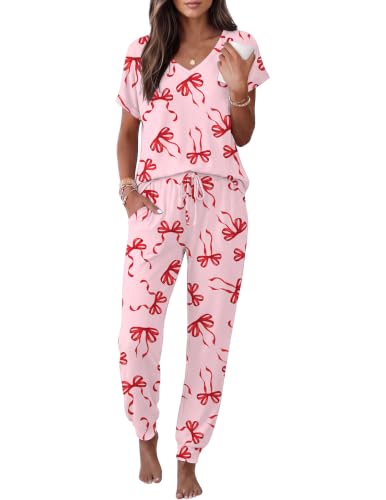 Image of Ekouaer Pajamas for Women Set Short Sleeve Lounge Set Jogger Pants Pjs Soft Sleepwear with Pockets S-XXL