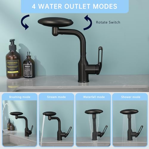 Image of Waterfall Bathroom Sink Faucet, Multifunctional Basin Faucet with 4 Water Outlet Modes Single Hole, Modern 360Rotatable Bathroom Faucet with Two Water Supply Pipes, Matte Black