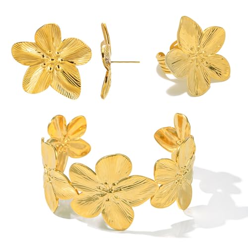 Bracelet Manchette Ouverte, Réglable Bague, Fleurs Boucles D'oreilles, Parure Bijoux Ensemble Fleurs Glamour, Or Parure de Fleurs pour Femmes Filles, Cadeaux...