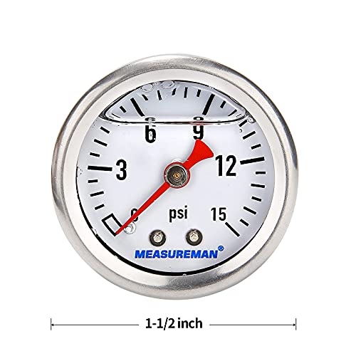 Measureman 1-1/2" Dial Size, Glycerin Filled Fuel Pressure Gauge, 304 Stainless Steel Case, 0-15Psi, 3-2-3%, 1/8"Npt Back Mount #TOP6