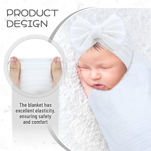 Image of Cinaci 4pcs White Soft Nursery Newborn Baby Receiving Swaddle Blanket with Matching Turban Hat Bow Headbands Floral Nylon Headbands for Baby Girls Newborn Infants