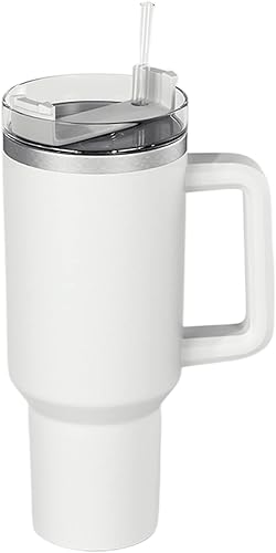 KEUVEN Stanley - Vaso térmico de acero inoxidable con asa y popote para té helado o café, batido (blanco, generación 1)