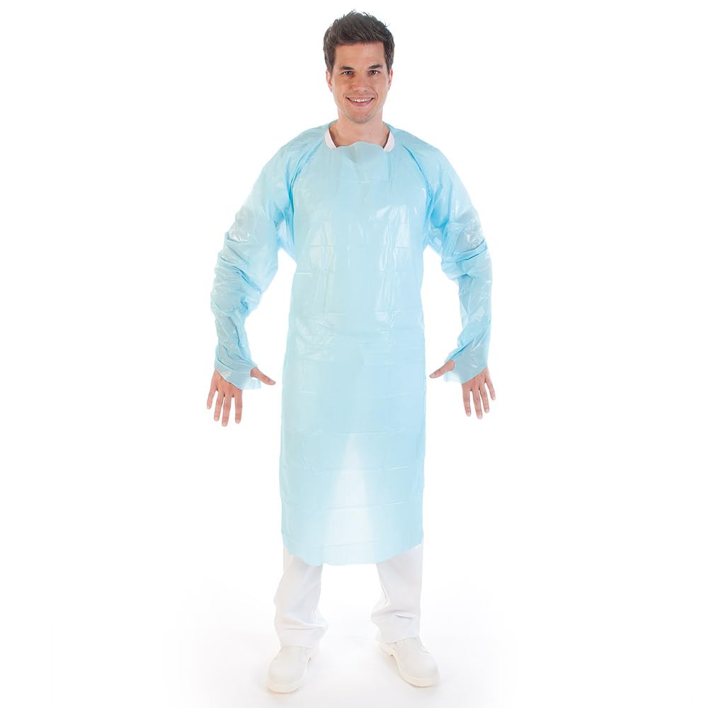 FRANZ MENSCH 100 Stück Hygonorm Kittel Med Light mit Daumenloch Light | CPE, blau, XL, L: 115cm, B: 100cm, Karton, Untersuchungskittel, Einwegkittel, Einmalkittel