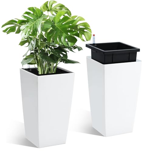 Garvee 16" Tall Planters Set of 2, Outdoor&Indoor Black Planter Pots, High Front Porch Planter Pots with Drainage Holes&Water Level Monitor&Inner Bucket,White White 2 pcs