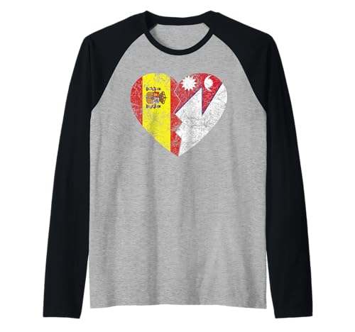 Cuore bandiere spagnole nepalesi | Spagna Nepal Roots Vintage Maglia con Maniche Raglan