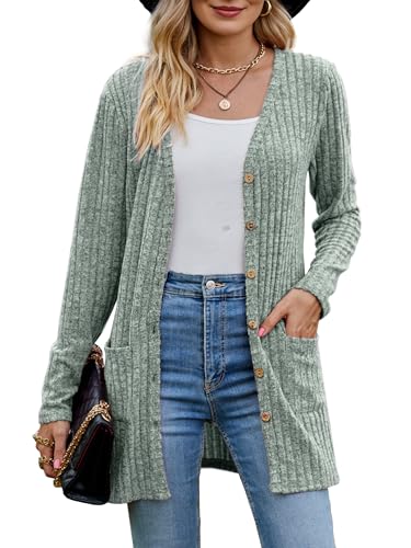 MYCOLORBLUE Alte Zeiten Strickjacken für Damen Elegant Gerippt Cardigan Langarm Knopfleiste mit Taschen Strickcardigan Hellgrün M