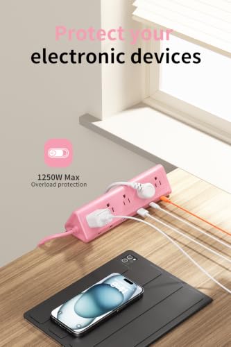 Image of 6.5 FT Desk Clamp Power Strip with 5 AC Outlets & 6 USB Ports PD 40W USB-C Fast Charging, Extension Cord with Multiple Outlets, Fits 2.1 in top Edge Pink
