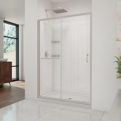 DreamLine Infinity-Z 36 in. D x 48 in. W x 76 3/4 in. H Clear Sliding Shower Door in Brushed Nickel, Center Drain and Backwalls, DL-6107C-04CL