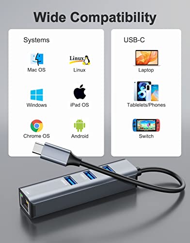 ABLEWE Adattatore USB C Ethernet, con 1000Mbps LAN e 3 Porte USB 3.0, Adattatore Ethernet USB C Gigabit RJ45 per MacBook Air/MacBook Pro, iPad Pro, Chromebook, Surface, XPS,ecc. - Alluminio Argento