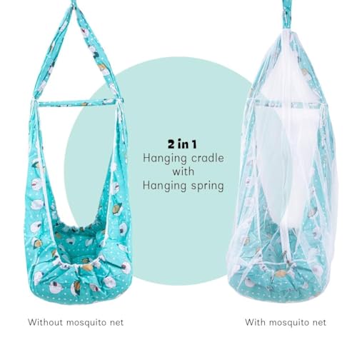 Image of BAYBEE LunaNest Hanging Cradle for New Born Baby | Baby Swing with Mosquito Net and Spring | Portable Thottil /Uyyala /Jhula for Kids with Bedding Set for 0 to 2 Years Boys Girls (Green)