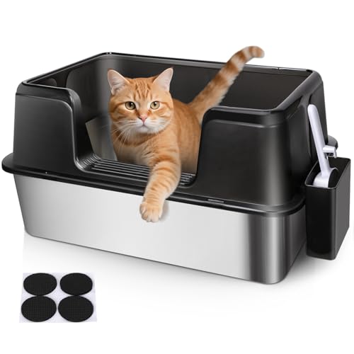 Bac à litière pour chat en acier inoxydable avec couvercle amovible noir