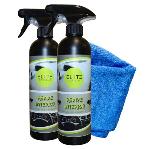 Revive Interior 500ml X2 Super Limpiador Salpicaderos Plasticos Interior de Coche Efecto Anti Polvo Acabado Satinado Natural Limpia Sin Brillo Aroma Fresco + Bayeta Microfibra + 2 Unidades