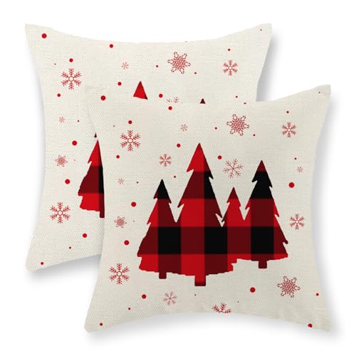 GOLIANDA Christmas Pillow Covers 18x18 Set of 2 Christmas Decor Linen Pillowcase Winter Snowflake Decorative Red Throw Pillows Christmas Farmhouse Holiday Decor Outdoor Cushion Covers for Couch Home