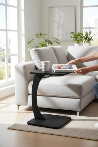 Image of Modern C-Shaped Wooden Sofa Side Table for Living Room | Multipurpose Laptop Table for Couch | Bedside Coffee Table | Space Saving Snack Table for Home & Office | Stylish Portable End Table (Black)