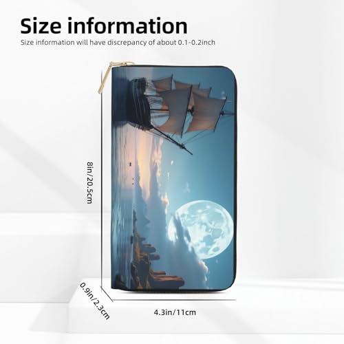 Classic Blue Sailboat Moon Print Wallet Women, Leather Bifold Multi Card Wallet, Long Purse Women's Wallets2