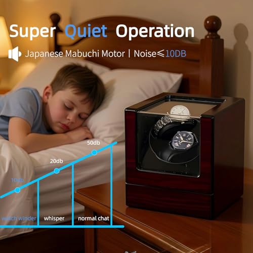 High End Wooden Double Watch Winder，5-Speed Adjustable Dual Watch Winders for Automatic Watches,USB Power Interface, Super Quiet Watch Winder with Full-Tooth Motor,Luxury Watch Winders (Burgundy) — view 3