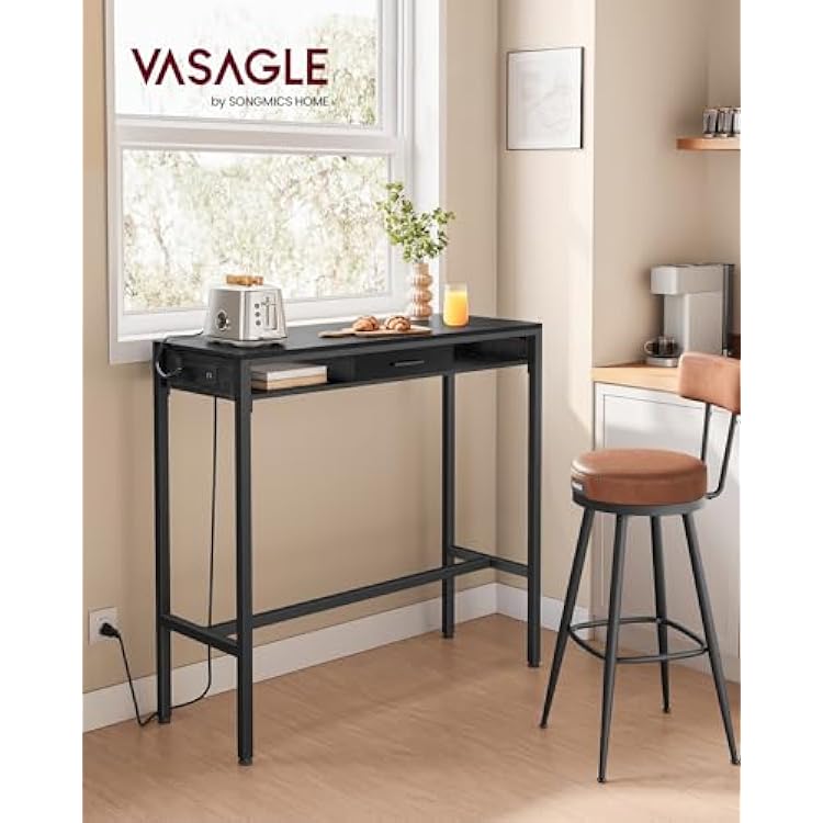VASAGLE Bar Table with Power Outlets, 39.4 Inches Long Bar Height Pub Table, Rectangular High Top, with Movable Drawer, 2 Hooks, Narrow Storage for Kitchen, Dining, Entryway, Ebony Black