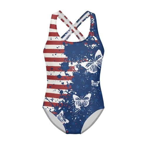 JUDENTIDOS Girls One Piece Swimsuit Cute American Flag Butterfly Swimwear Size 5 to 14 Years Summer Cross Back Straps Bathing Suit Gymnastics Leotards