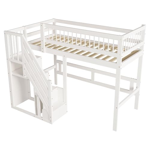 Etagenbett 90x200, Kinderbett Hochbett mit Treppe und Aufbewahrungsschrank, Funktionsbett Einzelbett Stockbett Spielbett Kinderhochbett Jugendhochbett mit Lattenrost, Massivholz, Ohne Matratze, Weiß