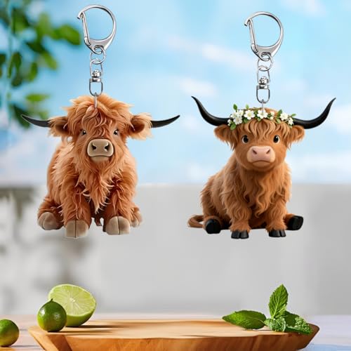 2 Pack Highland Cow Keychains, Cute Fluffy Cow Key Chain with Flower Crown, Cartoon Animal Keyring for Women Men, Funny Car Bag Purse Backpack Charm Accessory Gift/YSK-T12